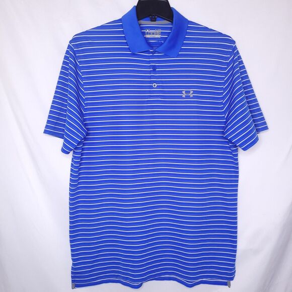 Under Armour Polo Shirt Mens Large Striped Blue White Performance Loose HeatGear - Picture 2 of 12
